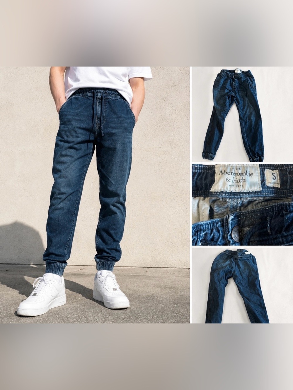 ♻️ Abercrom & Fitch Denim Jogger Jeans Men’s Small Blue Wash Elastic Waist Jogge
